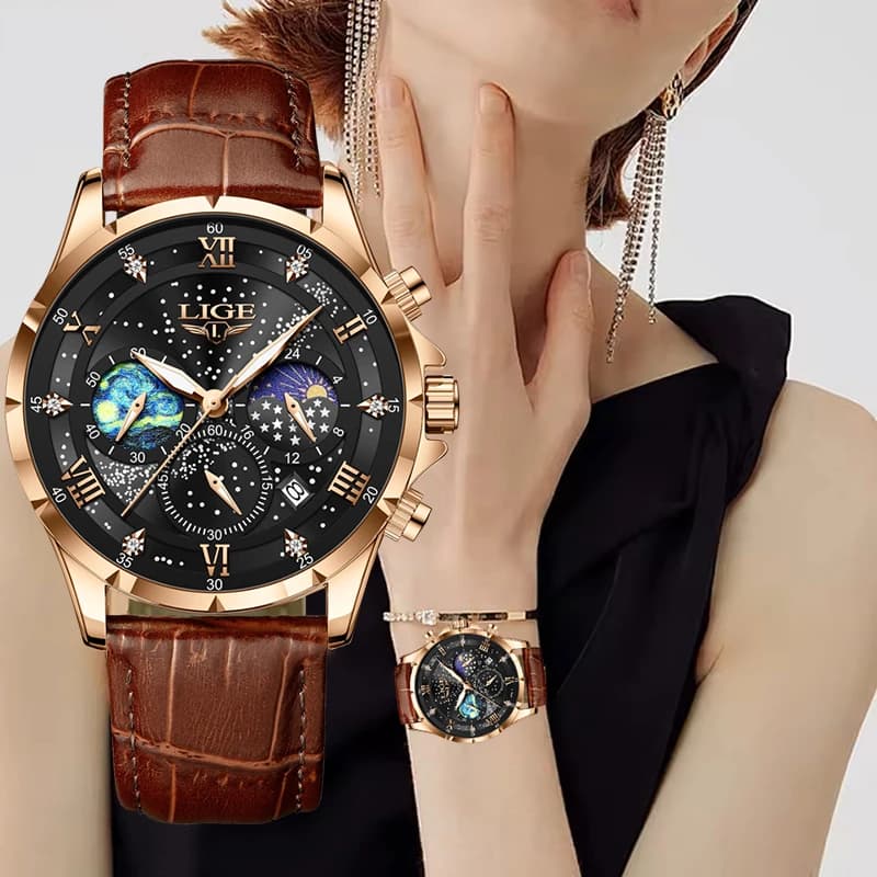 LIGE 2026 Nuovo Orologio da Donna con Fasi Lunari 24 Ore, Impermeabile per Sport all'Aperto, Luminoso, al Quarzo, Relogio Feminino+CONFEZIONE