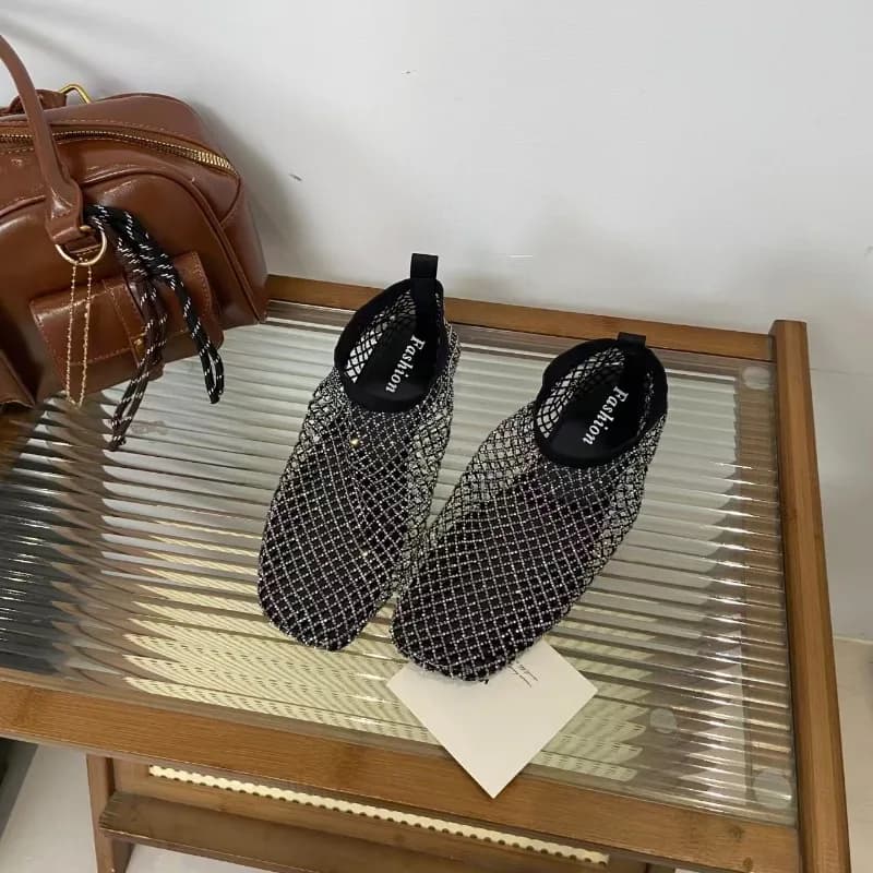 Soft Soled Rhinestone Mesh Shoes Summer Breathable Rhinestone Flat Bottom Fishing Net Shoes Sandals Fashionable Loafers 35-42
