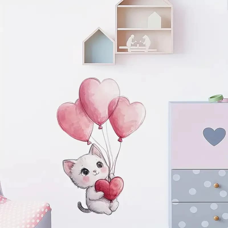 Adesivo da parete con palloncini a forma di gatto cartone animato con cuore per la decorazione del soggiorno, facile da abbellire la tua casa, utilizzato per WC, auto