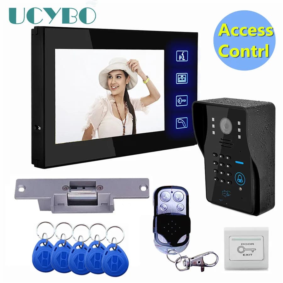 Sistema di videocitofono 7 "Lcd videocitofono RFID kit di controllo accessi per porte telecamera serratura elettrica di sciopero telecomando wireless