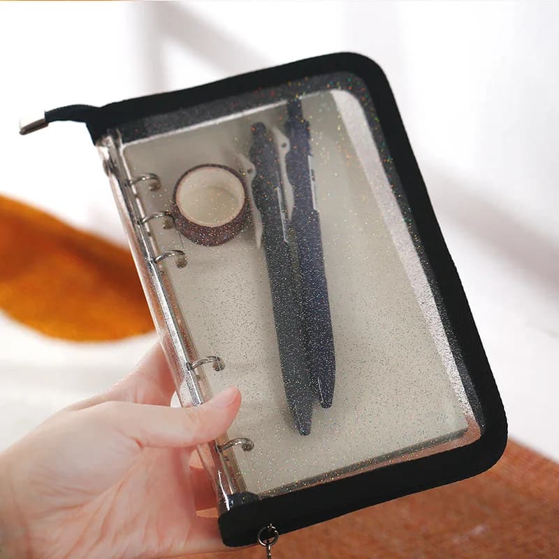 A6 Nero Carino Zip Bag Trasparente Raccoglitore a fogli mobili Notebook Nucleo interno Copertina Note Book Planner Cancelleria per ufficio