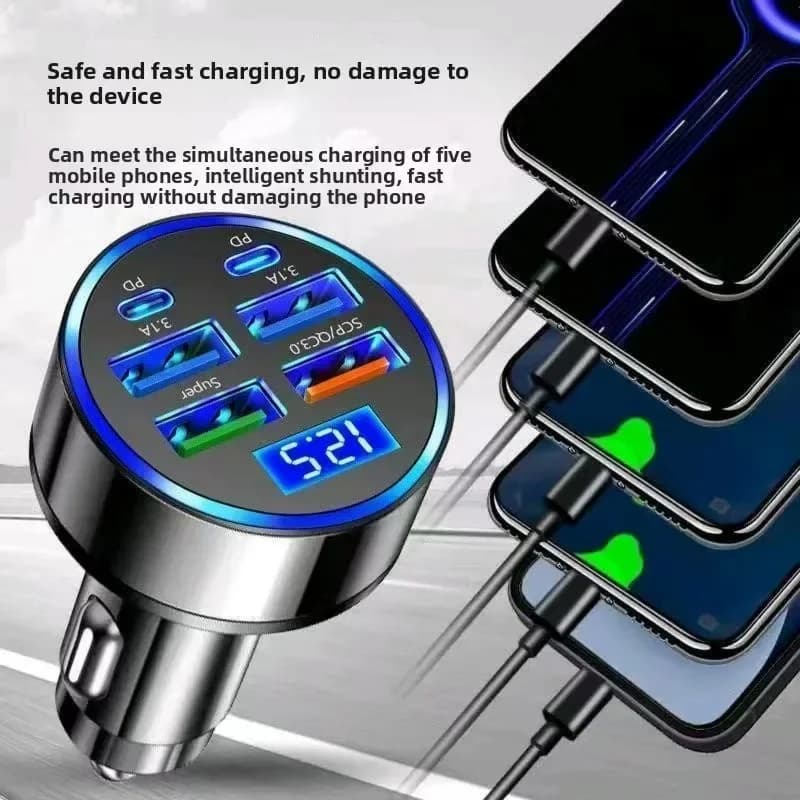 Super fast 6-door car charger with USB voltage display QC3.0 PD, cigarette lighter adapter for iPhone Samsung Xiaomi