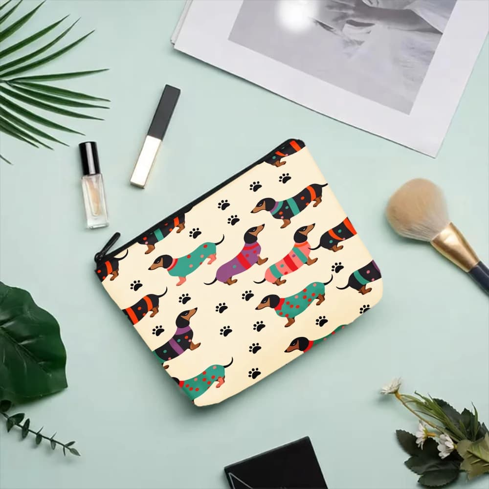 Borse per il trucco con cani bassotto in maglioni colorati per ragazze, pochette per cosmetici, borsa da toilette, astuccio per matite, custodia da viaggio