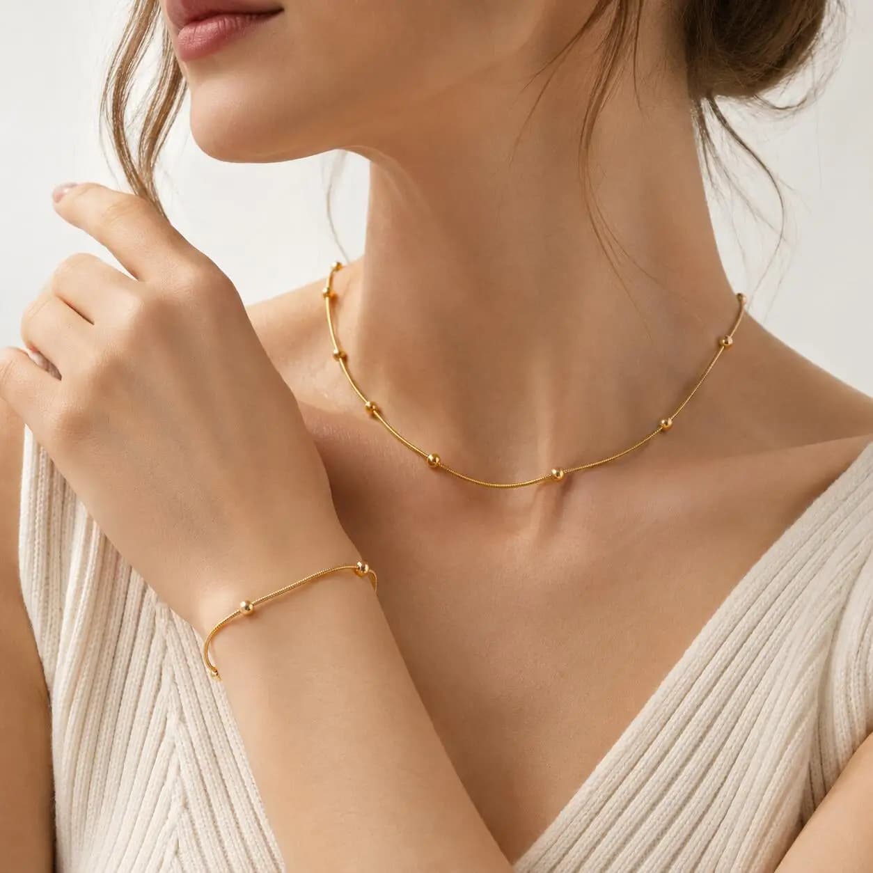Waterproof Stainless Steel Ball Bead Snake Chain Bracelet, 18K Gold Plated Adjustable Minimalist Dainty Stackable Hand Jewelry