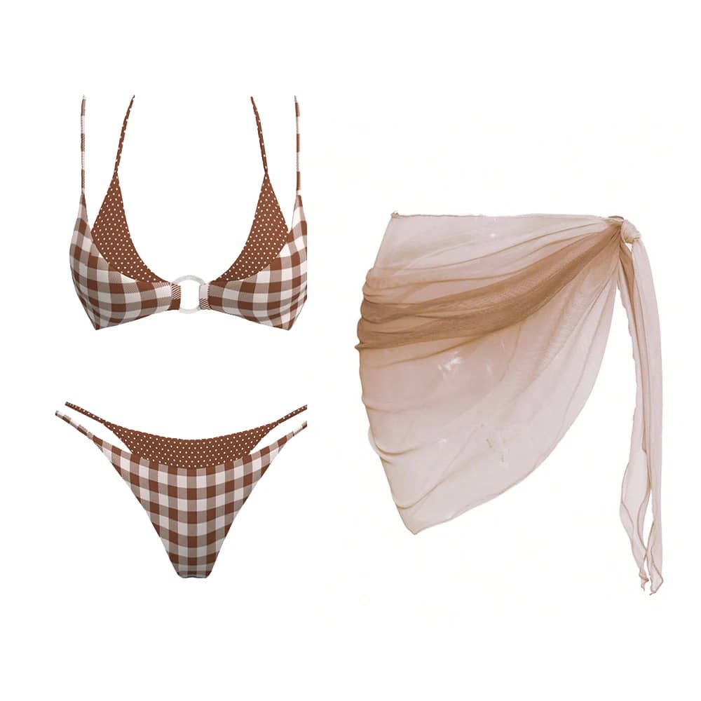 Set Bikini a Rete con Gonna, Costume da Bagno Sexy a 3 Pezzi per Donna, Bikini Halter alla Moda, Abbigliamento da Spiaggia