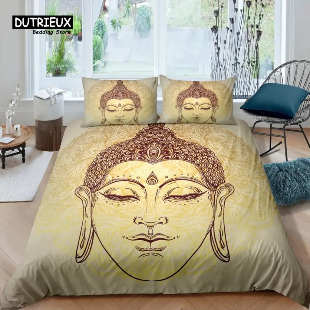 Home Living Set di biancheria da letto di lusso 3D Golden Buddha Copripiumino etnico Federa Queen e King Biancheria da letto consolatore dimensioni EU/US/AU/UK