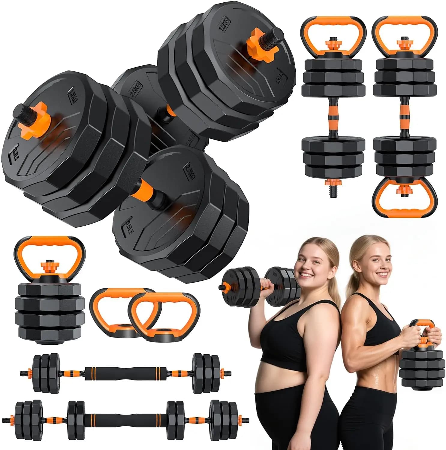 5-in-1 Adjustable Manubri Set, 33/44/66/88 Lb Free Weights for Home Gym, Convertible to Libra and Kettlebell