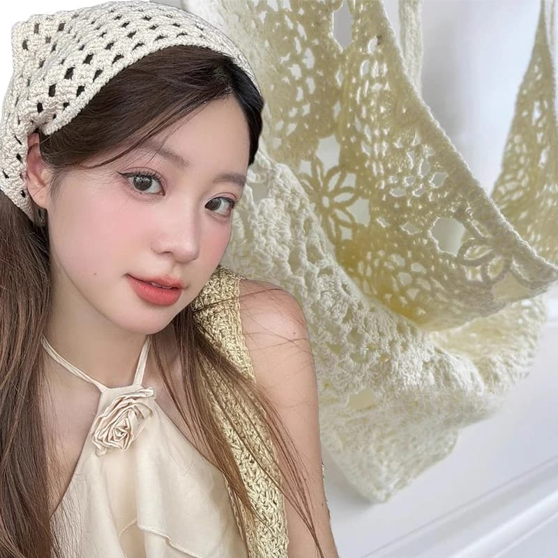 French Hollow Triangle Headband Towel For Women Beige Crochet Headbands Bandana Summer Travel Literary Photo Hair Scarf Bands