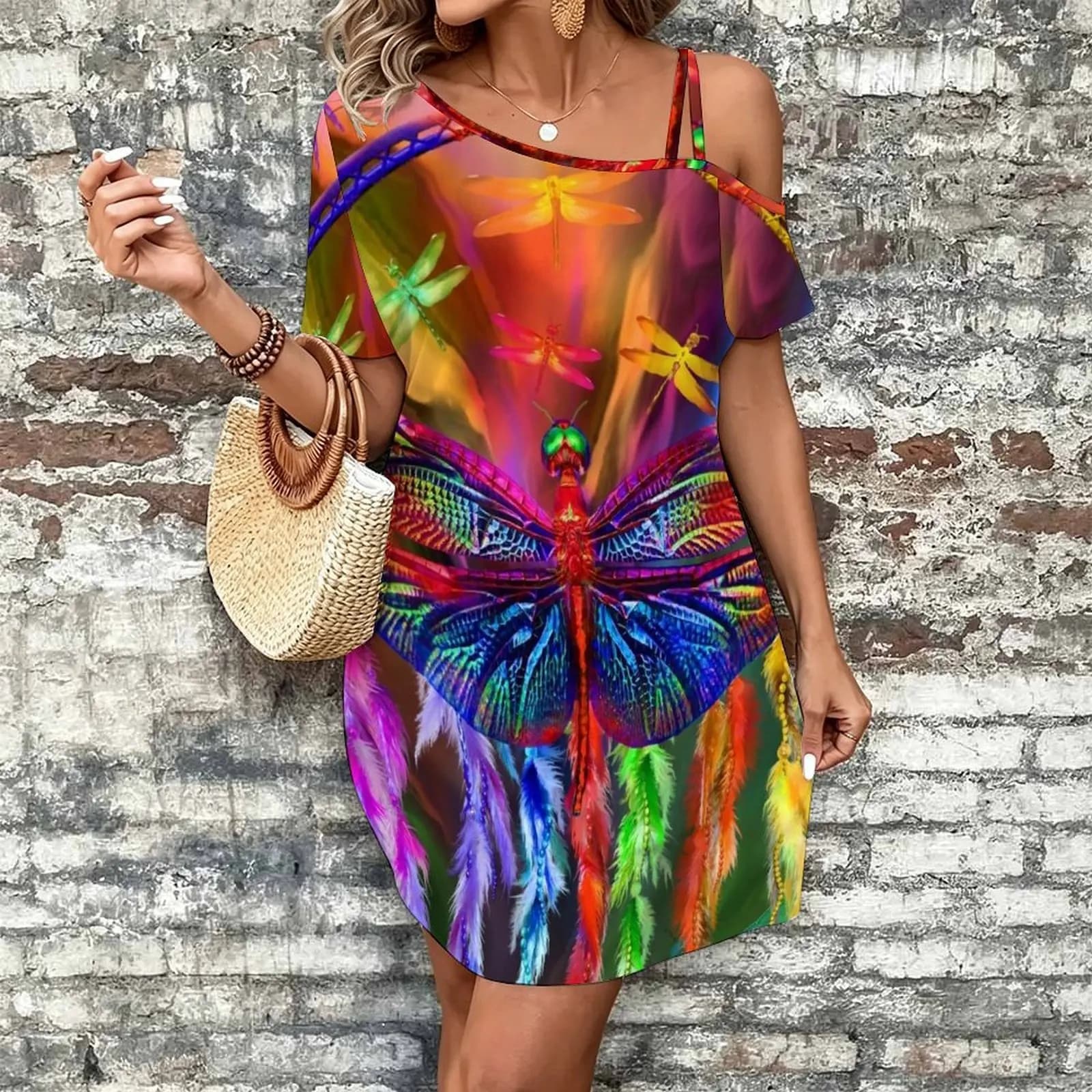 Rainbow Dragonfly Dream Catcher Women's Slanted Shoulder Single Strap Short-Sleeved Dress