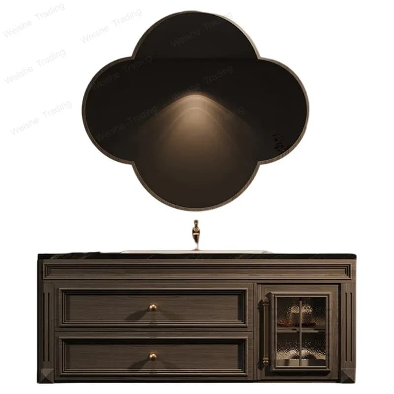 Mobile Bagno Vintage con Lavabo, Specchio e Armadietti in Legno Massello per Trucco e Stoccaggio