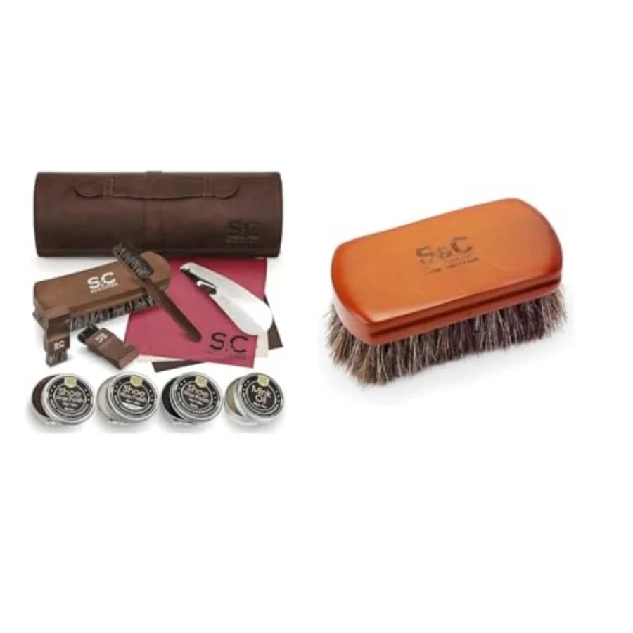 Kit Completo per la Cura della Pelle Stone and Clark, Set da 13 Pezzi per Lucidatura Scarpe e Mini Spazzola in Crine di Cavallo per Lucidatura Premium delle Calzature