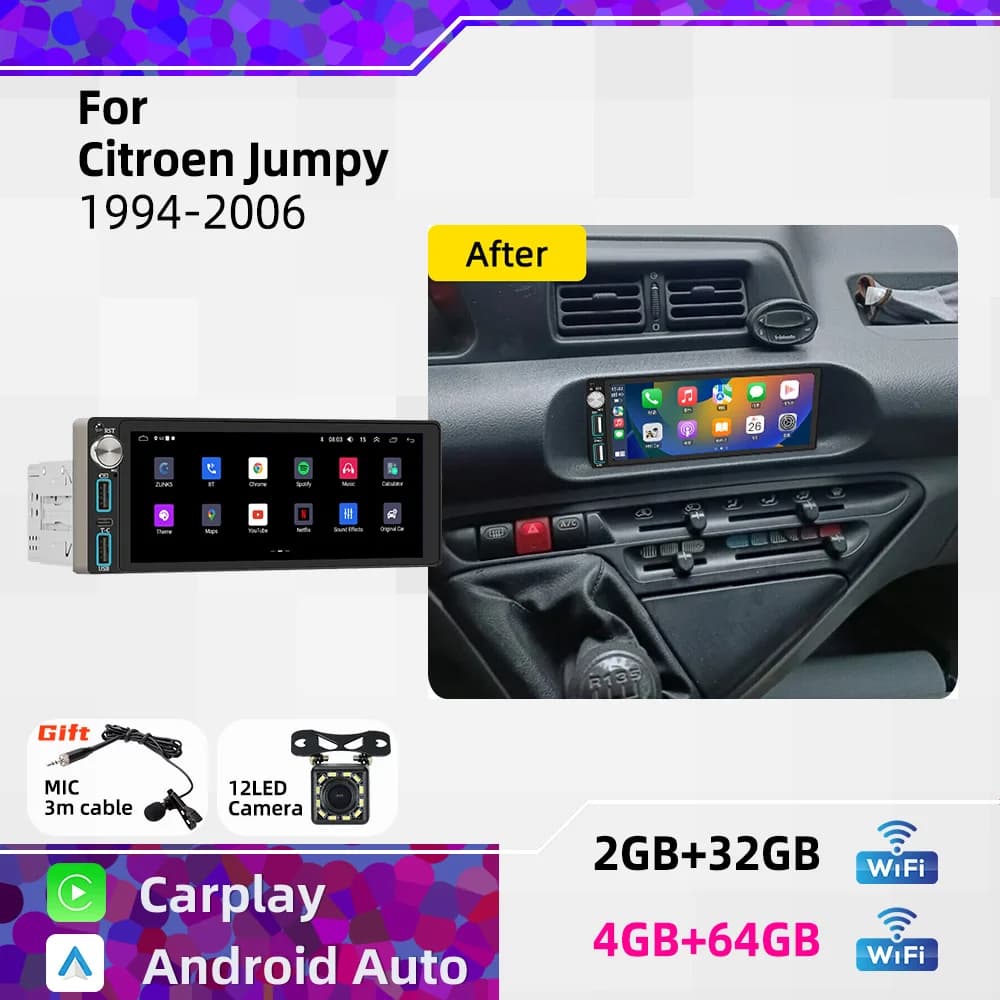 Wireless Carplay Android for Citroen Jumpy 1994-2006 1Din Car Stereo GPS Navigation Multimedia Autoradio Radio Head Unit