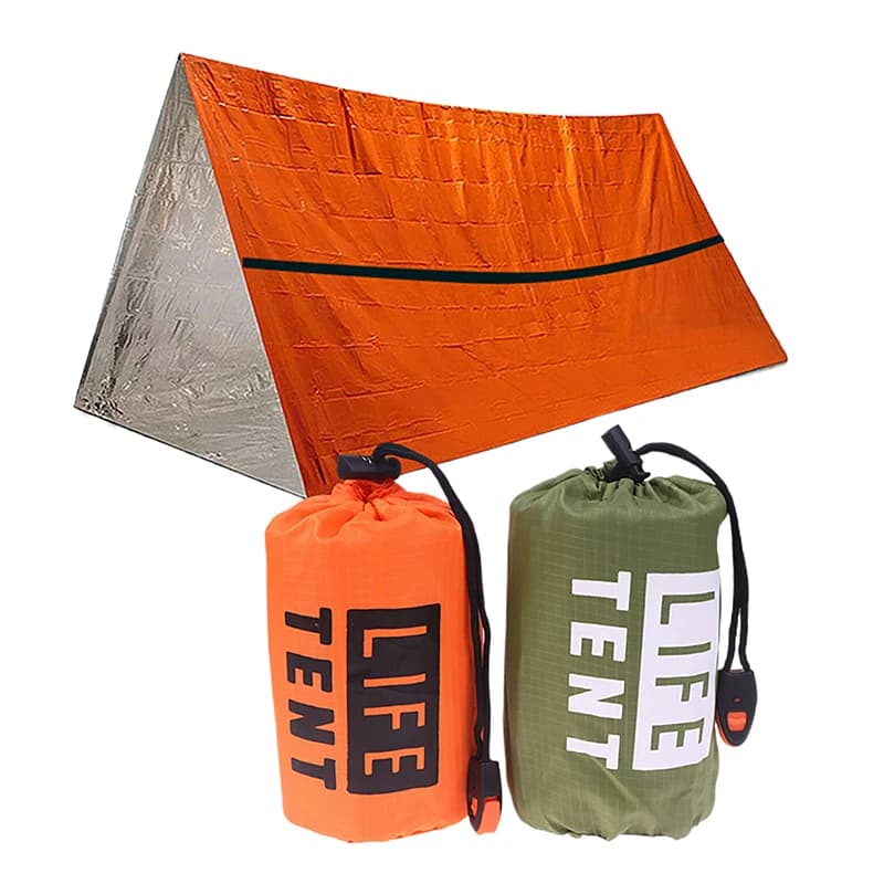 Survival tent kit for emergency shelter for 1 person, triangular curtain in aluminum film, sleeping bag with housing, thermal blanket for outdoors