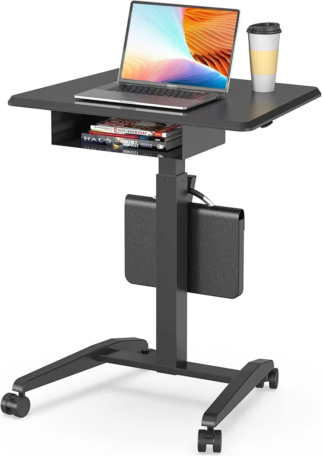 Height Adjustable Rolling Laptop Desk with Shelf Mobile Standing Desk Pneumatic Mobile Laptop Table with Wheels for Couch Home