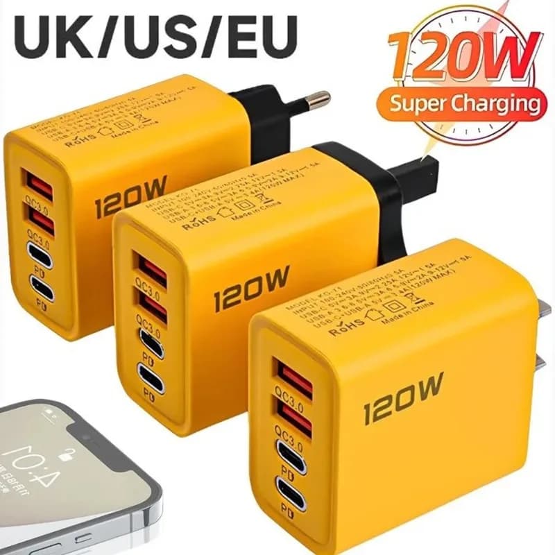 Caricabatterie per telefono cellulare a 4 porte a ricarica rapida da 120 W Caricabatterie USB tipo C QC3.0 Adattatore da parete doppio PD Spina UE/USA/Regno Unito per iPhone15 Xiaomi