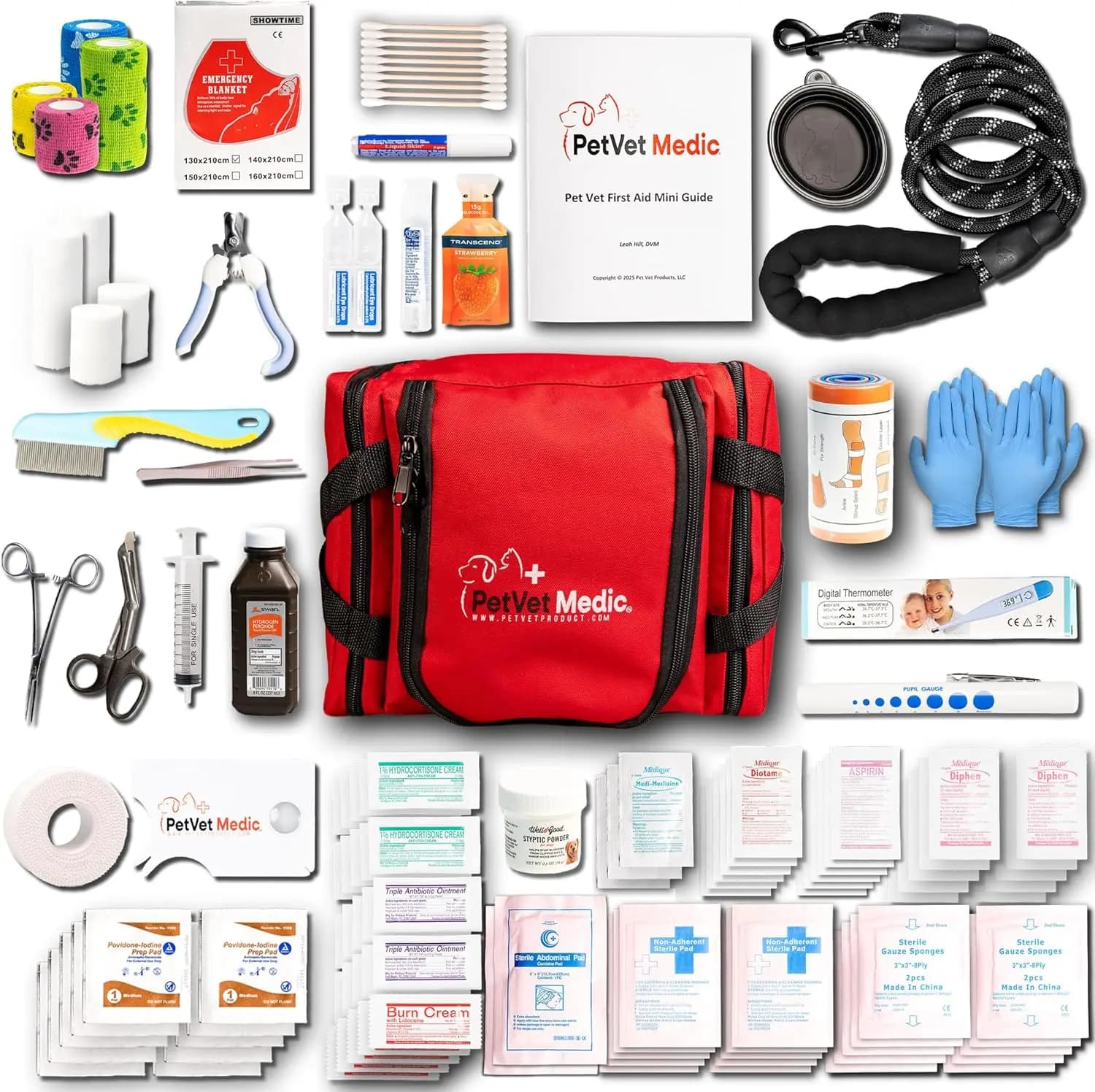 Kit di Pronto Soccorso Completo per Animali Domestici con Termometro, Bende e Borsa da Viaggio per Cani e Gatti