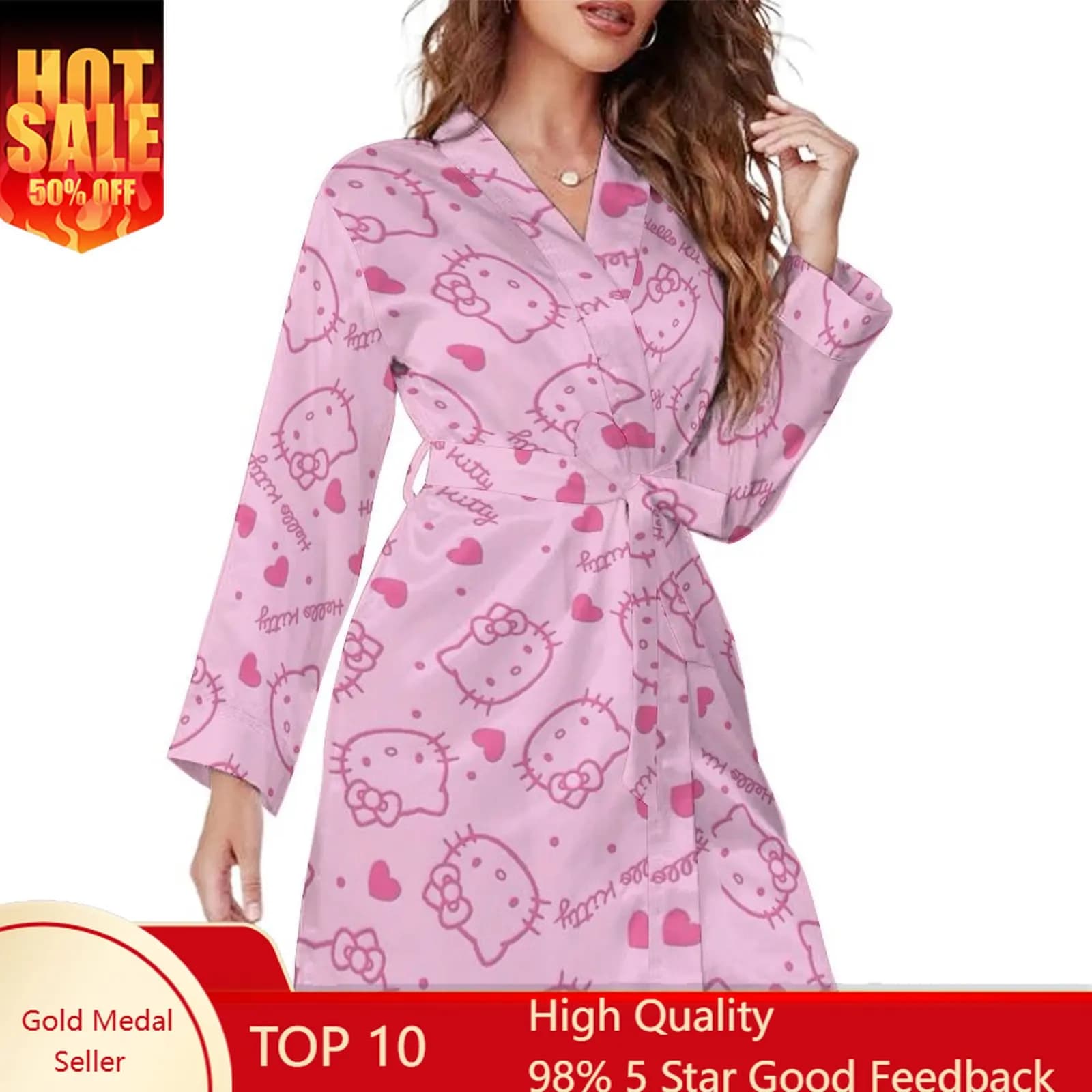 Hello Kitty Bathrobe Womans Sanrio Cartoon Long Sleeved Robe Breathable Dressing Gown Casual Loungewear Sleepwear Home Clothing