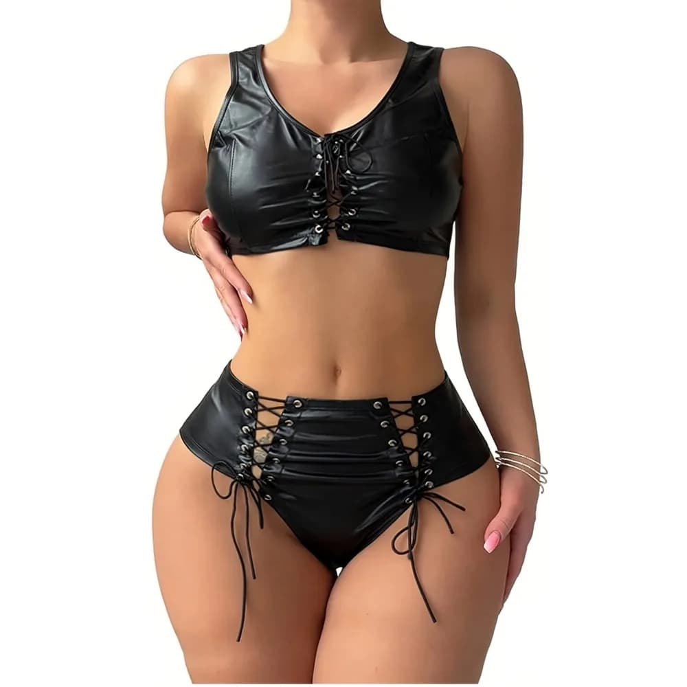 Set Lingerie in Pelle per Donne, Sexy Look Bagnato, Babydoll in Ecopelle, Top Corto e Pantaloncini, Set 2 Pezzi