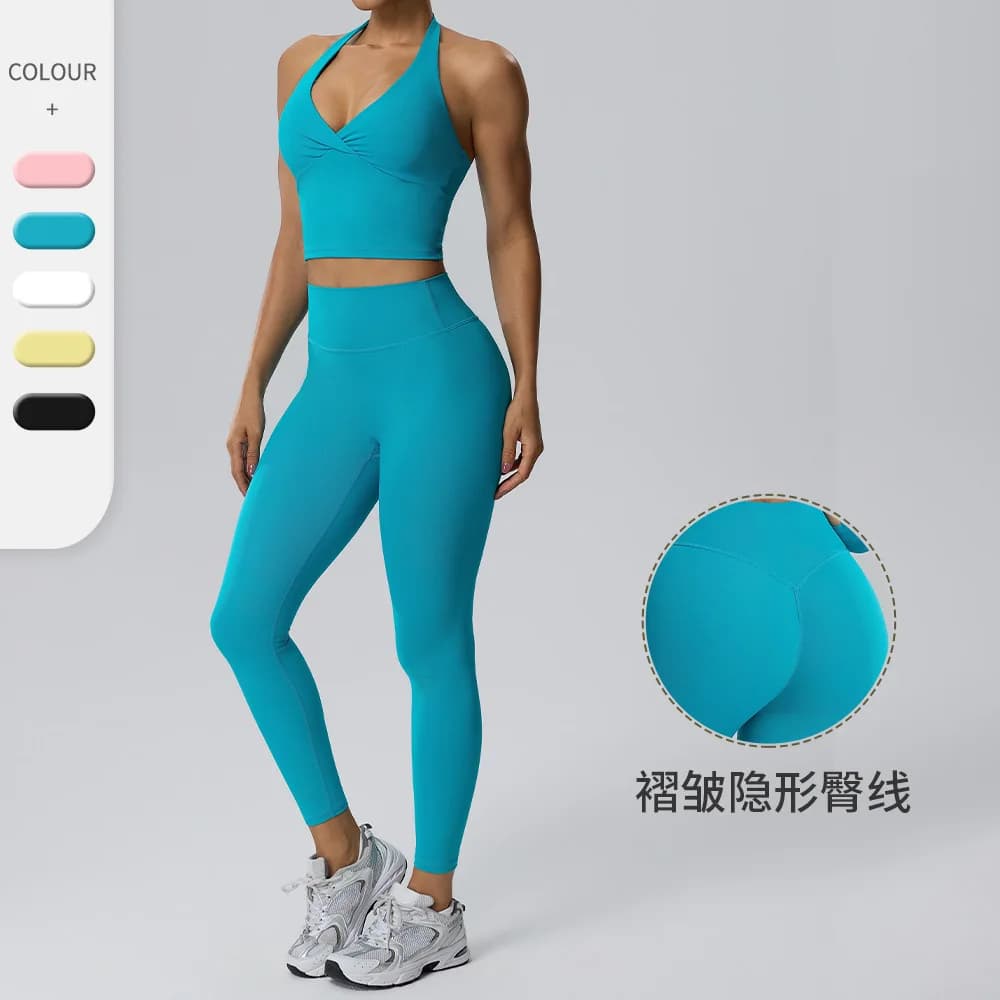 Naked Yoga Set V-neck Hanging Neck Tank Top Beautiful Back High Waist Hip Lifting Elastic Pants Fitness Training Two piece Set