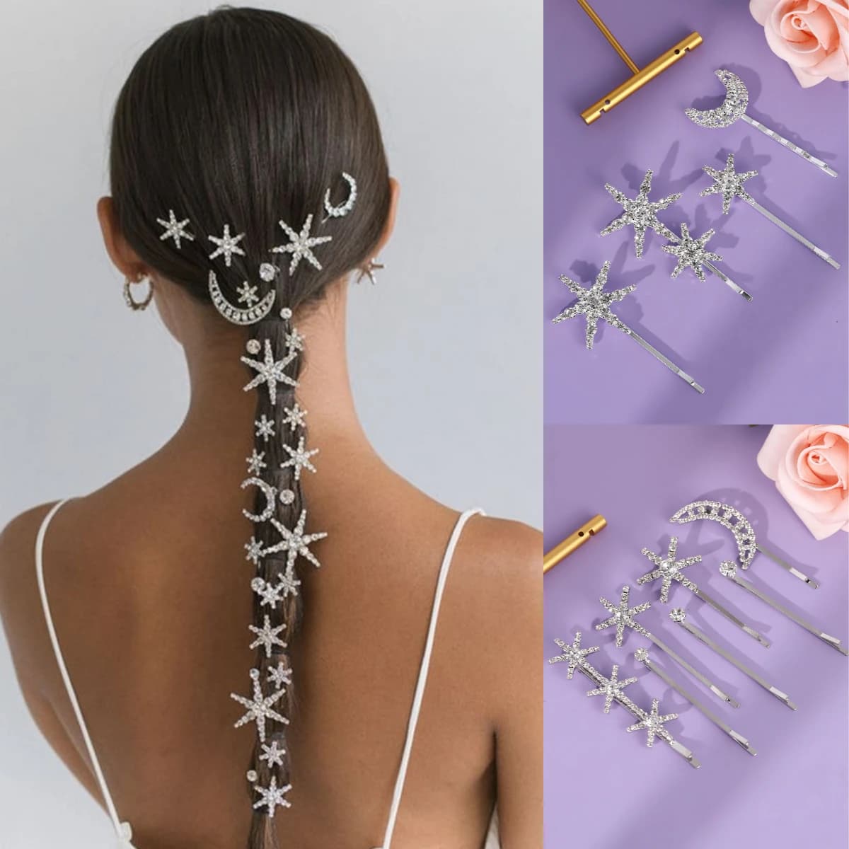 Fermaglio per capelli con stella e luna in nastro, squisito fermaglio con strass per donne e ragazze, forcine per feste, copricapo come regali