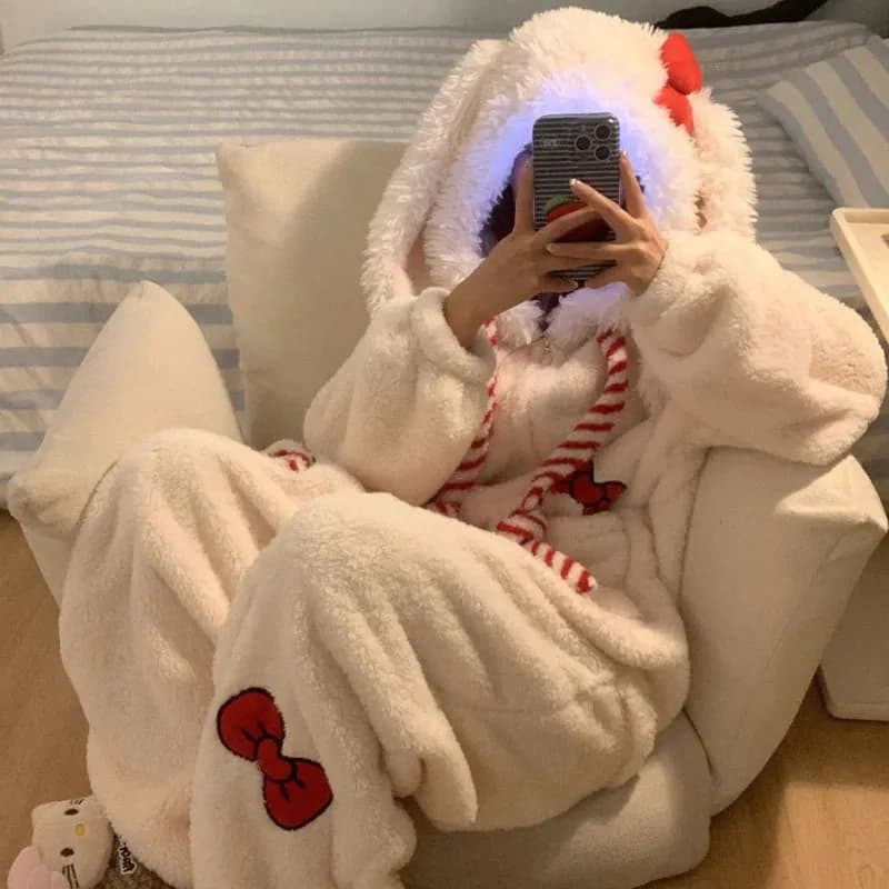 Y2K Kawaii Bow Rabbit Hooded Pajamas Women's Winter Thick Warm Fleece Sleepwear Rompers Cute Home Outfit Anime-Inspired