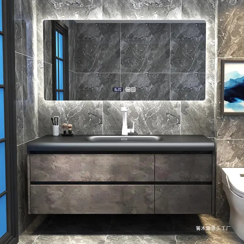 Mobile da bagno italiano Combinazione lastra Lavabo in ceramica senza cuciture Lavabo da bagno Lavabo Specchio intelligente nero minimalista