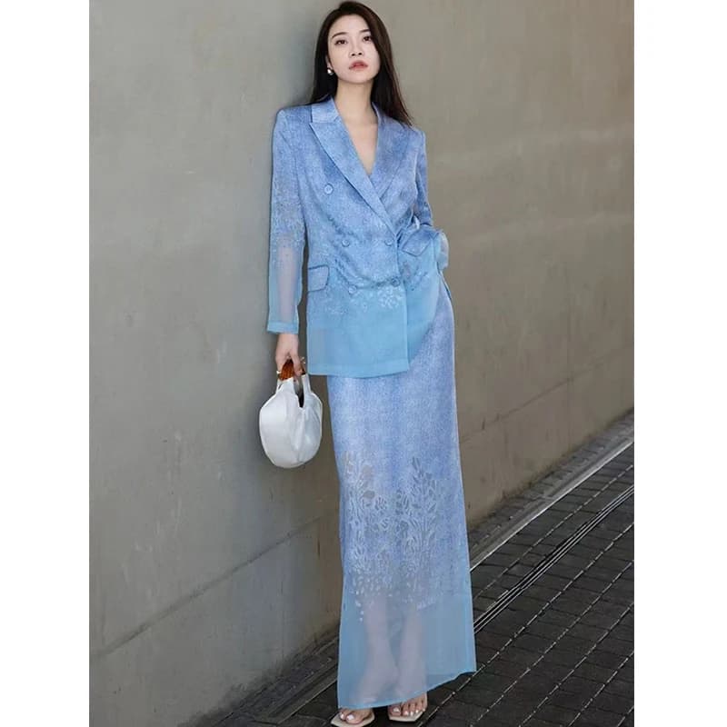 Spring And Summer New Suit Jacket+Mesh Half Skirt Made Rayon Fabric Burned Flower Fashion Women's Two-Piece Set S-XL