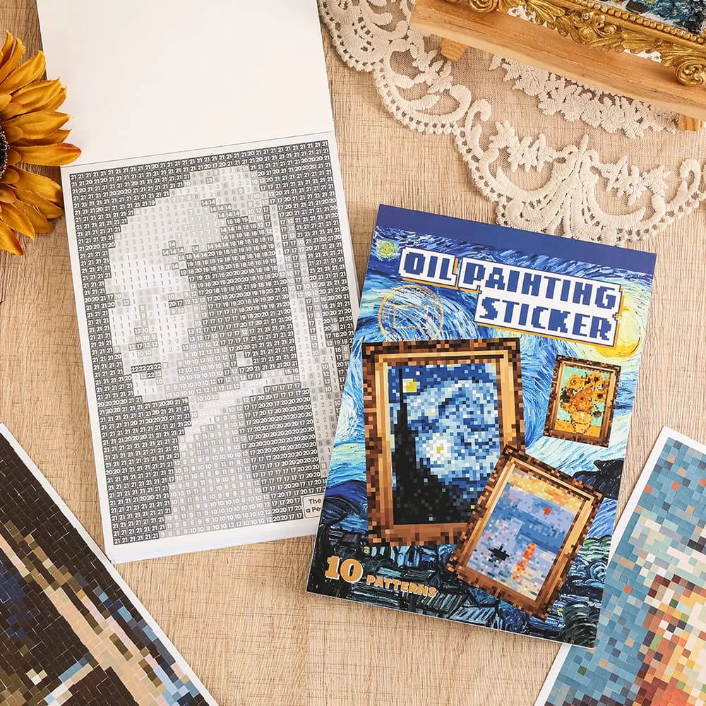 Retro Pixel Sticker Book Set 10 Patterns + 20 Sheets Color Block Mosaic Stickers Oil Painting Theme For DIY Frames Notebooks