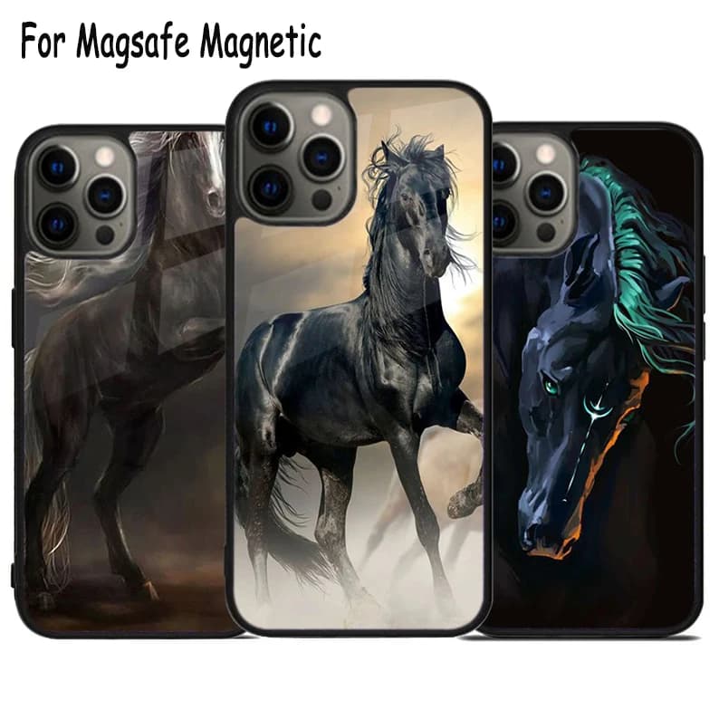 Custodia per telefono con ricarica wireless Cool Black Horse per iPhone 17 Air 15 16 16e 14 13 11 12 Pro Max Plus Magsafe copertura paraurti magnetica