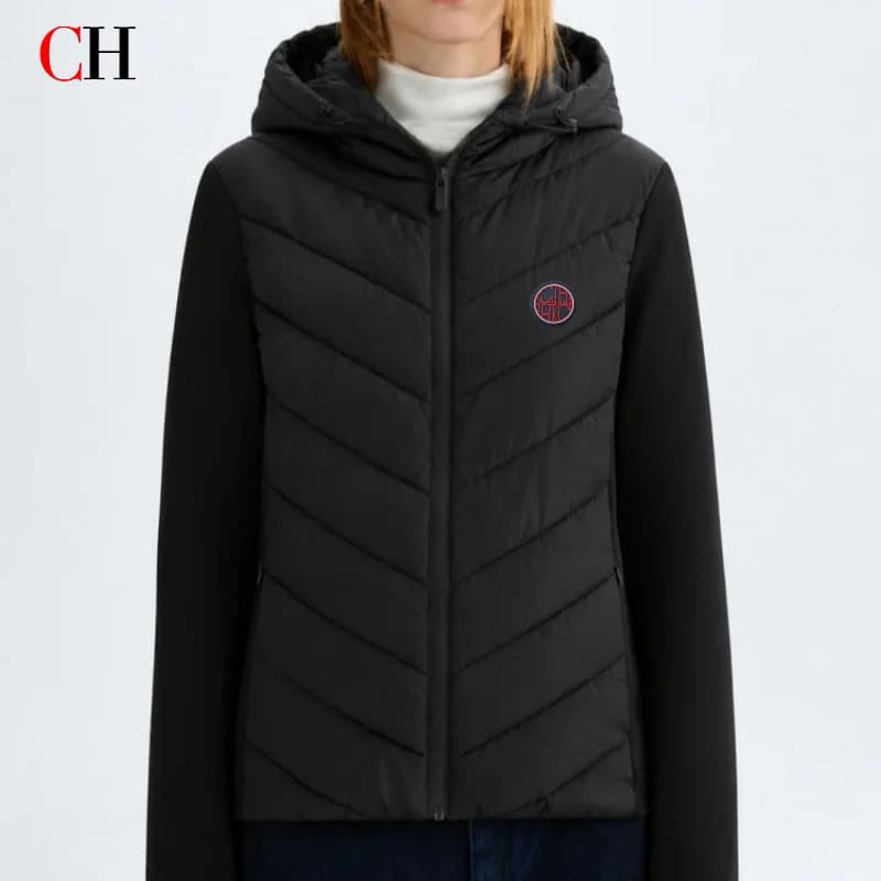 CH Womens Circular Chest Patch Badge Chevron Quilted Hooded Puffer Jacket Panel Sleeves Daily Commute Wear
