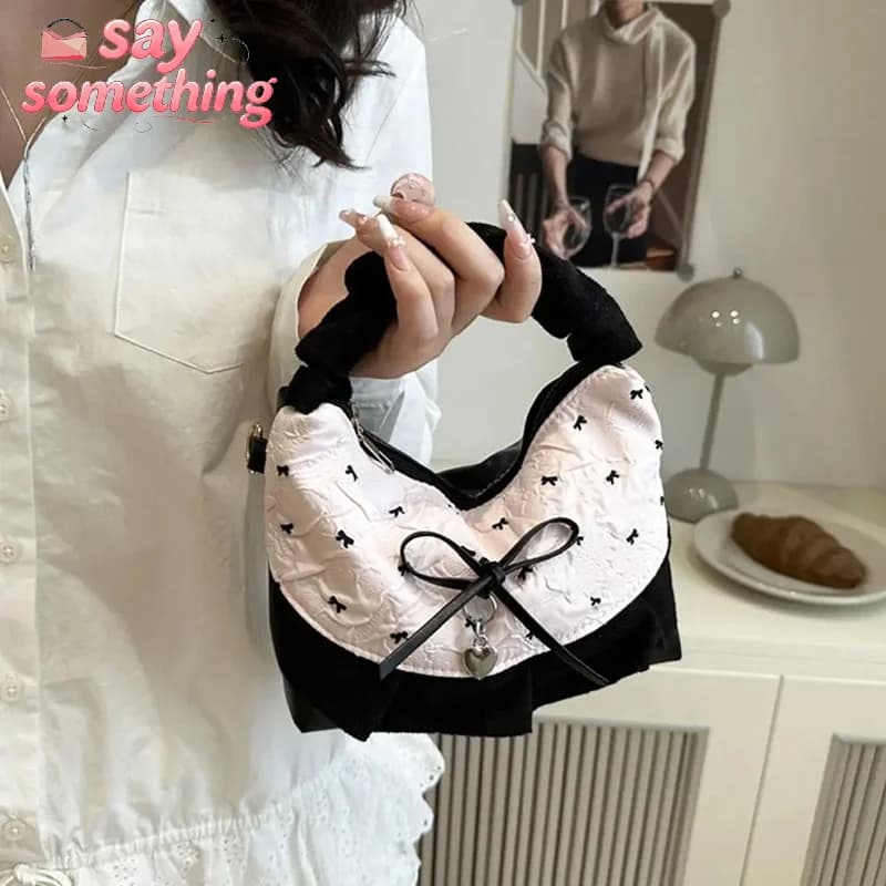 Women's Plaid Patchwork Zipper Underarm Shoulder Bags Cute Sweet Bow Faux Denim Handbags Crossbody Bag for Ladies Daily Use