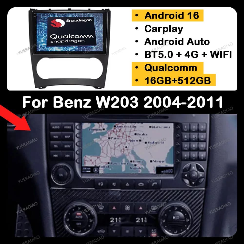 Android 16 Car Radio For Mercedes Benz C-Class C Class W203 W209 C180 C200 CL203 C209 A209 2004 - 2011 Head Unit 4G WIFI QLED BT