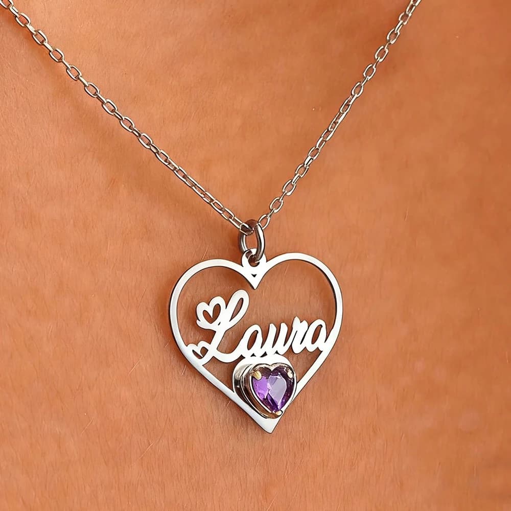 Custom Birthstone Heart Name Necklaces For Women Stainless Steel Customized Pendant Necklace Personalized Neck Jewelry Gift