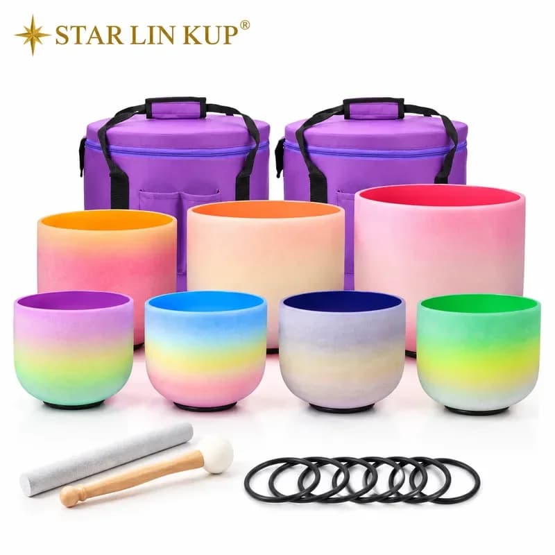 STAR LIN KUP 7 Chakra Crystal Singing Bowls Set 7-13 Inch Rainbow Frosted Quartz Sound Healing Meditation Yoga Therapy with