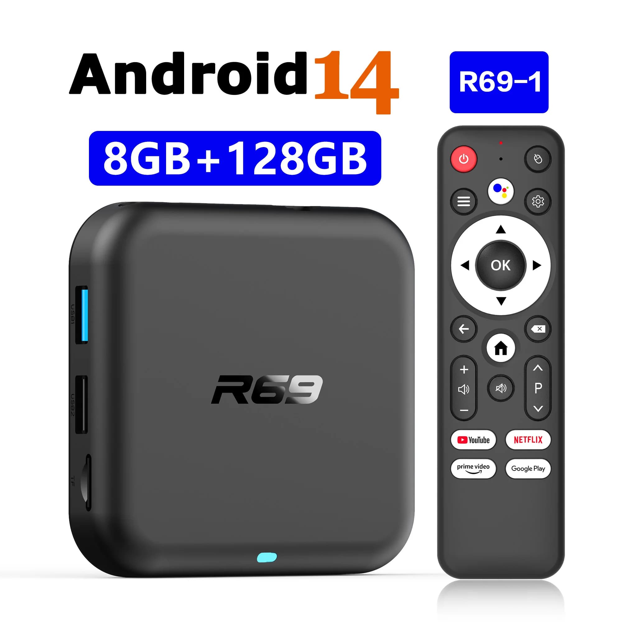 Android 14 R69-1 Smart TV Box 8GB 128GB 8K Ultra HD RK3518 Bluetooth 5.0 Dual Wifi 2.4G&5.8G Lettore Multimediale Streaming Multilingue