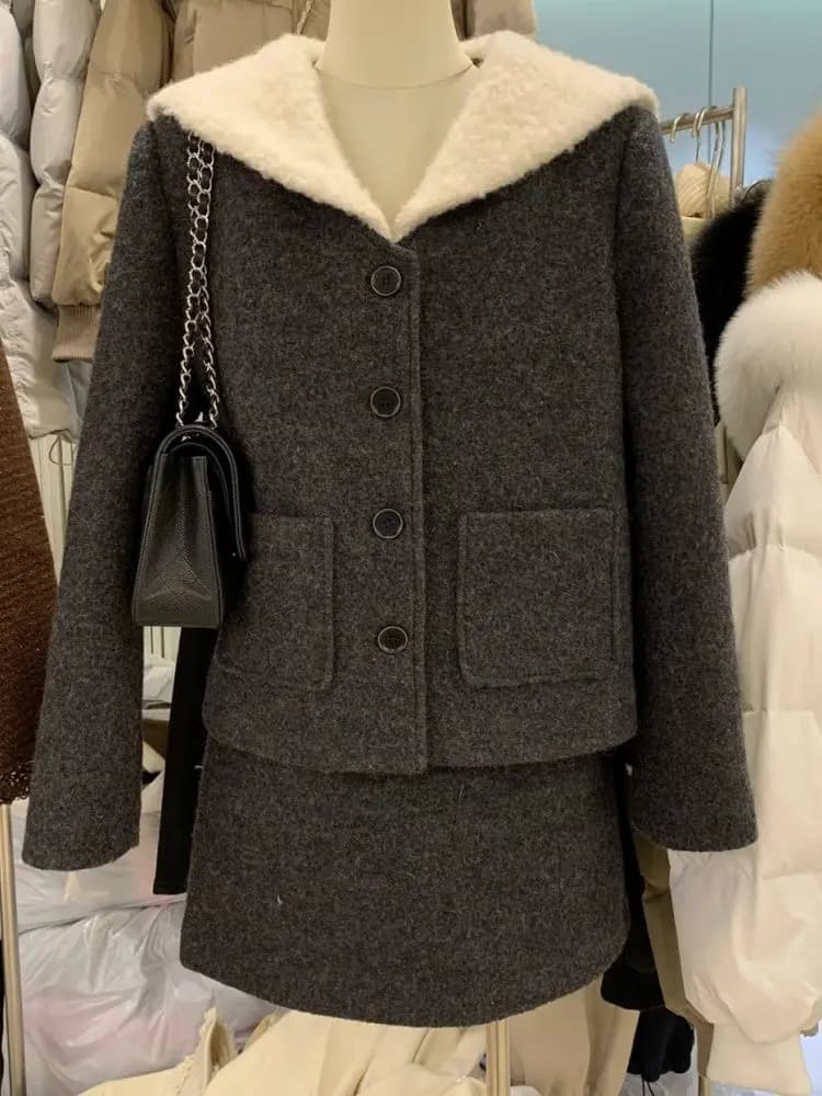 Piumino invernale con colletto blu scuro stile britannico Nuovo abito di lana con gonna corta A-word da donna