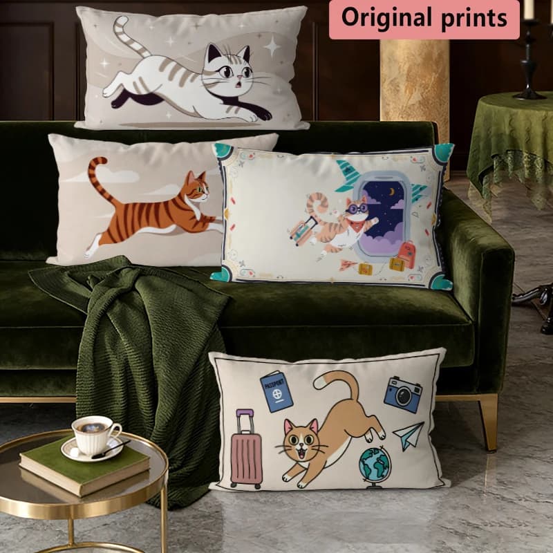 Fodera per cuscino rettangolare con stampa vintage di gatti da viaggio, adatta per divano, camera da letto, auto, cuscino rettangolare per schienale