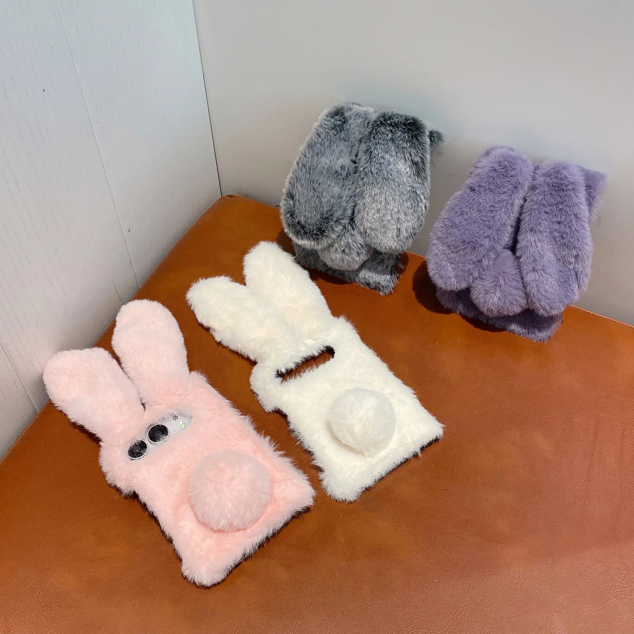 3D Rabbit Ears Fur Plush Diamond Cover for HONOR Magic V Flip Flip2 Plush Phone Case Cute Animal Design with Sparkling Diamonds