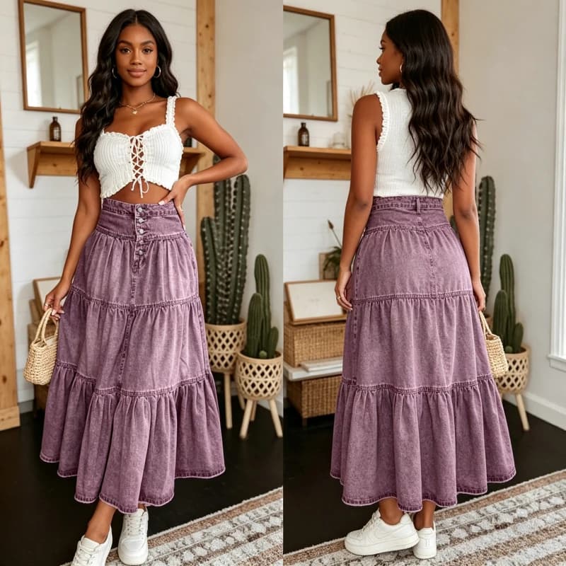 Long Skirt Women Vintage Denim Layered Cake Skirts Single Breasted High Waist Washed Distressed Female Bohemian 2026 A Line