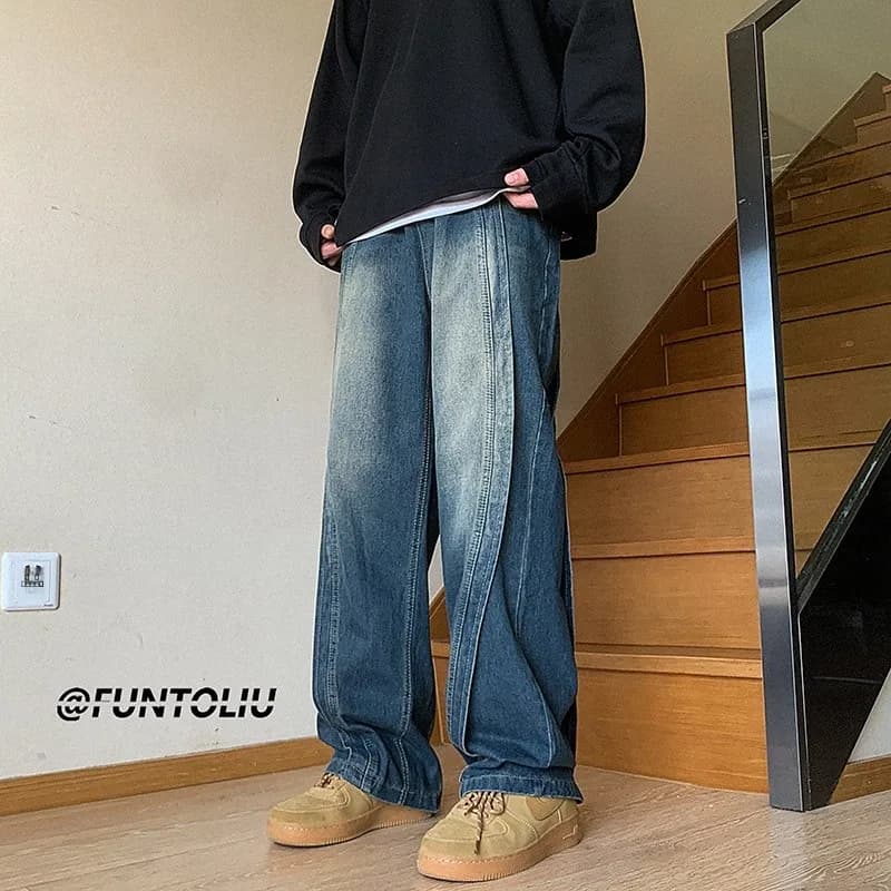 Washed Vintage Men's Jeans American Retro High Street Straight Leg Workwear Loose Wide Leg Pants Spring Autumn Wear