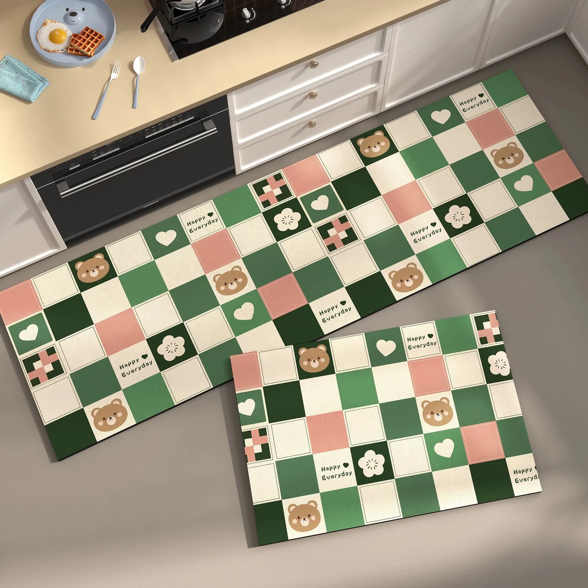 Tappetino da Cucina a Quadri con Motivi Cartoon, in PVC Lavabile, Antiscivolo, Resistente allo Sporco e all'Olio, Tappeto Lungo a Striscia