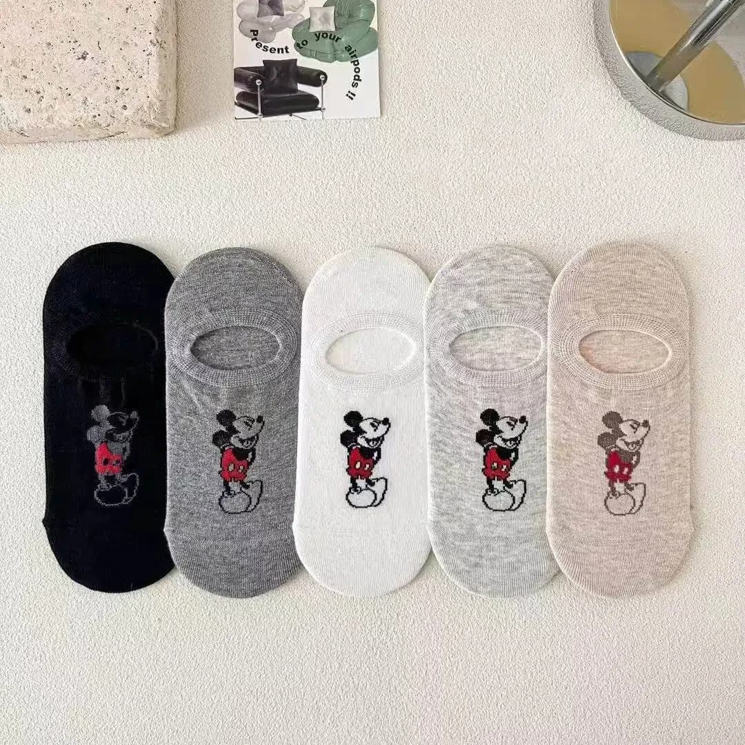 5 Pairs of Disney Mickey Mouse Women's Crew Socks Cartoon Cotton Print Summer Lightweight Breathable Four Season Short Socks
