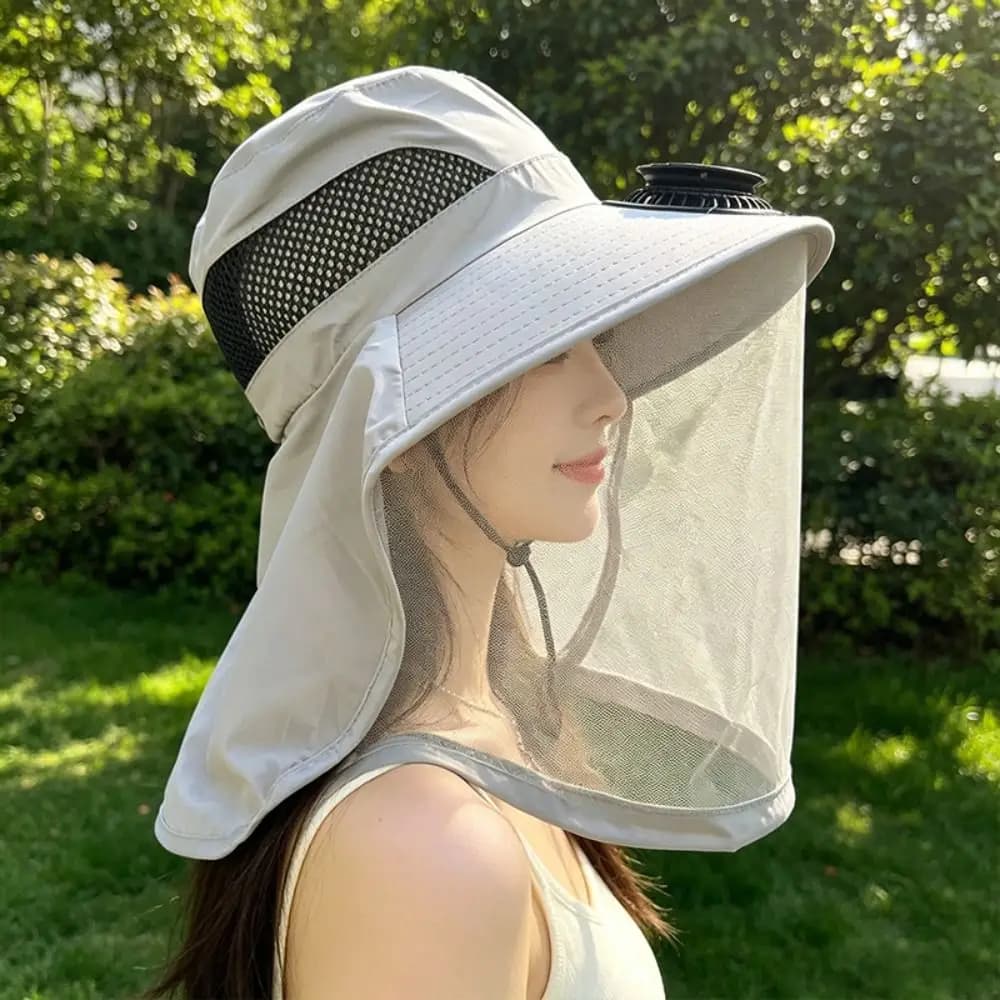 With Net Mesh Mosquito Head Net Hat Foldable Breathable Wide Brim Sun Cap Adjustable High Wind Power Solar Fan Hat Fishing