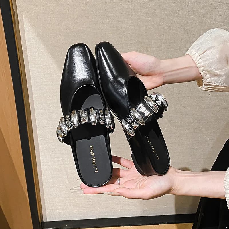 Summer Shoes for Women Leather Sandals Metal Decorations Slipper Girl Slip-on Loafers