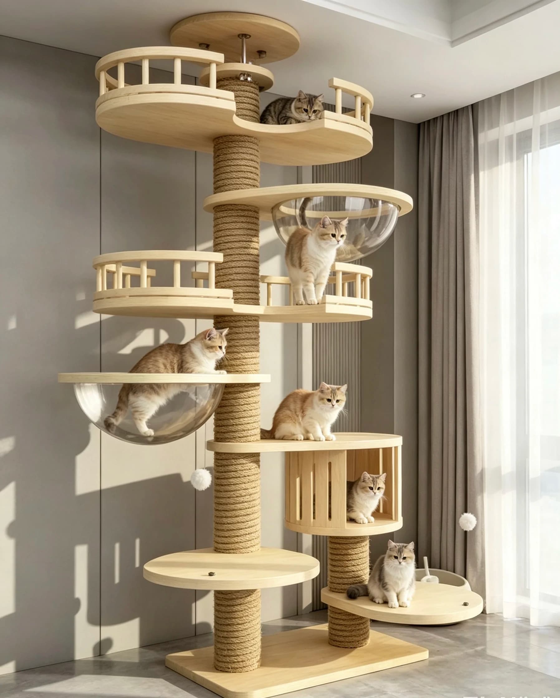 High Quality Floor Standing Tall Cat Tree, Large Luxury Solid Wood Climbing Cat Structure With Jumping Platform