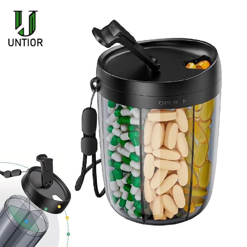UNTIOR Large pill holder with 6 transparent compartments for vitamin supplements, medicinal tablets, portable container
