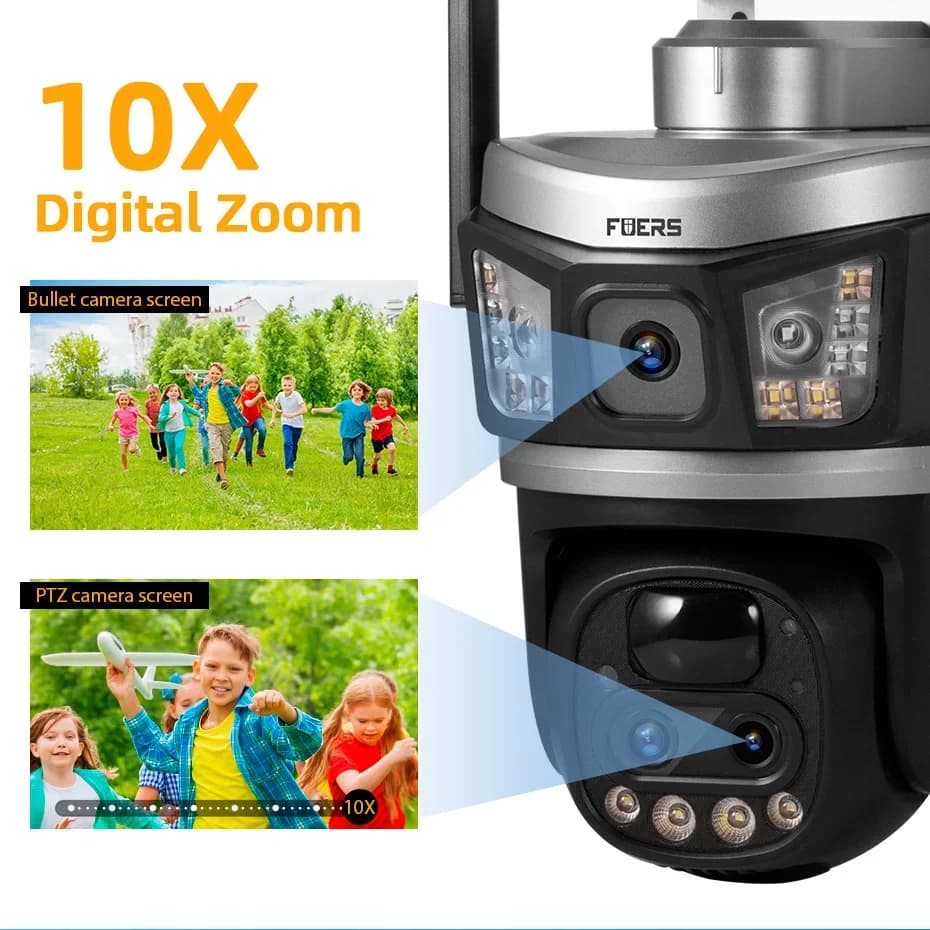 FUERS 6MP 10X 4G Telecamera solare Doppia lente Telecamera esterna Telecamera IP Rilevazione umana con pannello solare Batteria Telecamera di sicurezza V380