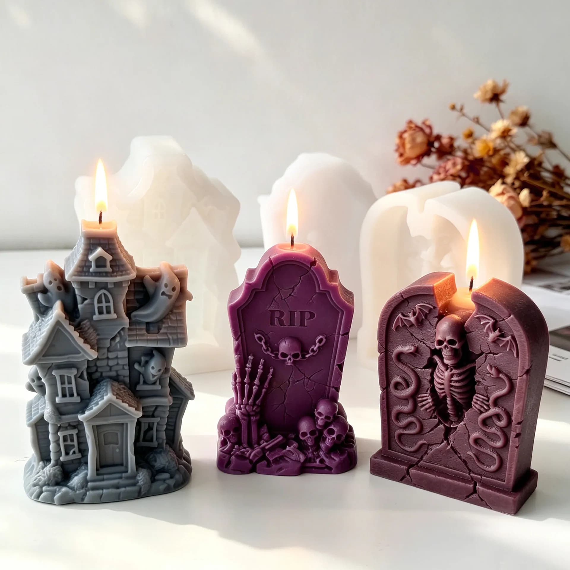 Halloween Tombstone Skull Ghost Candle Mold Silicone 3D Wax Mold DIY Scented Candle Making Plaster Resin Spooky Craft Supplies