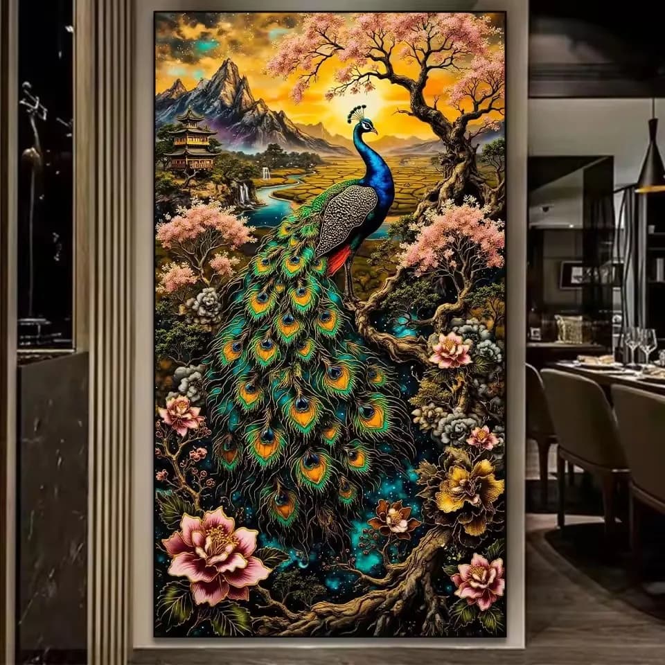 Diamond Art for Adults Beautiful Peacocks Flowers Tree Landscape Diamonds Painting Large Size 5D DIY Full Drill Embroidery Kit