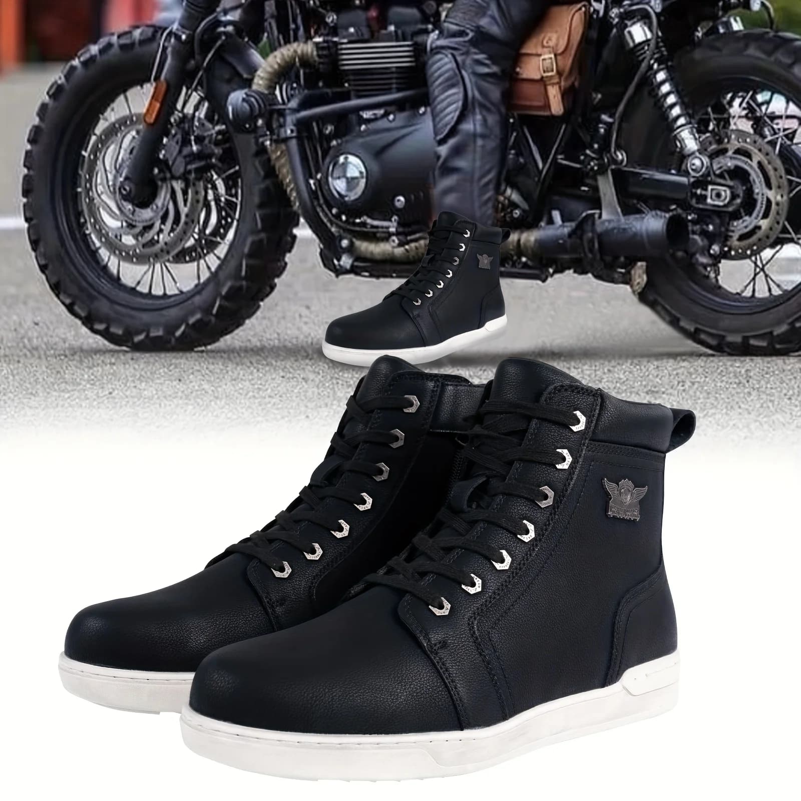 Stivali da motociclista da uomo con cinturini e anelli alla caviglia, scarpe da moto da strada traspiranti con supporto alla caviglia per uomo